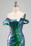 Robe de bal longue de bal en corset sirène vert émeraude métallique à épaules dénudées, fente sur le côté