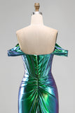 Robe de bal longue de bal en corset sirène vert émeraude métallique à épaules dénudées, fente sur le côté