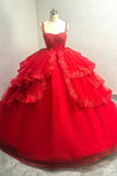 Robe de bal rouge scintillante Bretelles spaghetti Perles Quinceanera Robe avec appliques