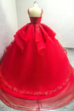 Robe de bal rouge scintillante Bretelles spaghetti Perles Quinceanera Robe avec appliques