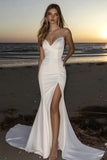 Robe de mariée sirène ivoire satiné sans bretelles avec fente