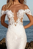Élégante robe de mariée longue en tulle sirène ivoire à épaules dénudées avec applique de dentelle