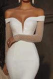 Élégante robe de mariée sirène ivoire à épaules dénudées à manches longues