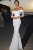 Élégante robe de mariée longue sirène en satin ivoire à épaules dénudées avec manches longues