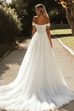Glitter A Line Off Shoulder Tulle Robe de mariée ivoire avec appliques