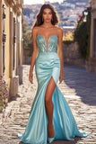 Chic bleu profond gaine fendue longue robe de bal avec perles