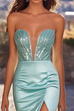 Chic bleu profond gaine fendue longue robe de bal avec perles
