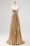 Robe de soirée longue plissée en satin doré chic avec décolleté en V profond et coupe trapèze