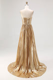 Robe de soirée longue plissée en satin doré chic avec décolleté en V profond et coupe trapèze