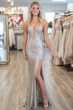 Robe de bal longue argentée scintillante avec fente