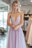 Violet clair Une ligne Tulle Spaghetti Bretelles Robe de bal avec dentelle