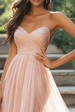 Chic blush chérie Robe de bal longue en tulle froncé trapèze avec fente