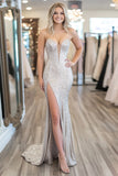 Chic Silver Sweetheart gaine paillette longue robe de bal avec fente
