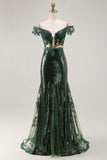 Robe de soirée longue vert foncé à épaules dénudées et broderie à sequins