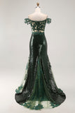 Robe de soirée longue vert foncé à épaules dénudées et broderie à sequins