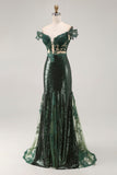 Robe de soirée longue vert foncé à épaules dénudées et broderie à sequins