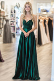 Chic vert foncé chérie Robe de bal longue en satin trapèze avec plis
