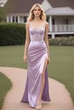 Lilas Spaghetti Bretelles Fourreau Froncé Robe Longue de Bal avec Fente