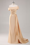Robe longue fourreau plissée champagne à une épaule