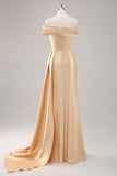 Robe longue formelle plissée à une épaule fourreau champagne