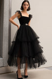 Robe formelle à bretelles spaghetti en tulle noir