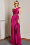Robe de bal longue fuchsia à une épaule fourreau en satin froncé