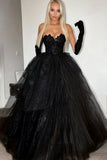 Robe de bal noire scintillante sans bretelles à volants Tulle Robe longue de bal
