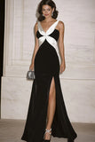 Robe longue bal militaire en satin à col en V sirène noire avec fente