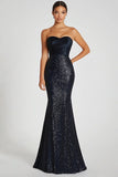 Robe de bal longue militaire sans bretelles à paillettes noires scintillantes Sirène