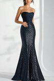 Robe de bal longue militaire sans bretelles à paillettes noires scintillantes Sirène