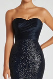 Robe de bal longue militaire sans bretelles à paillettes noires scintillantes Sirène