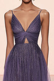 Robe de gala en tulle plissé à col en V gris violet A Line