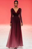 Élégante Robe de bal militaire bordeaux à col en V froncée avec manches longues