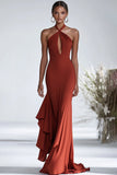 Robe de gala en mousseline de soie à volants rouge licol