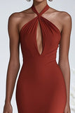 Robe de gala en mousseline de soie à volants rouge licol