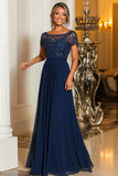 Marine A-ligne col bateau dentelle appliques mousseline de soie longue mère de la mariée robe à manches courtes