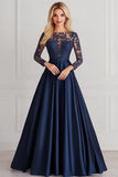 Bleu marine scintillant Trapèze à manches longues haut lacé en satin Robe mère de la mariée