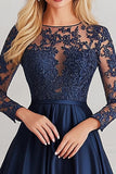 Bleu marine scintillant Trapèze à manches longues haut lacé en satin Robe mère de la mariée