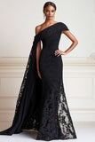 Sirène noire une épaule dentelle longue mère de la mariée robe avec cape d’épaule latérale