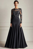 Robe longue mère de la mariée en satin noir scintillant à manches longues avec appliques de dentelle