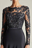 Robe longue mère de la mariée en satin noir scintillant à manches longues avec appliques de dentelle