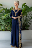 Fourreau Marine Manches Longues Mousseline De Soie Longue Robe Mère de la Mariée Avec Broderie