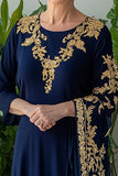 Fourreau Marine Manches Longues Mousseline De Soie Longue Robe Mère de la Mariée Avec Broderie
