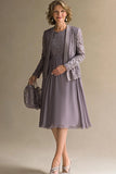 Vintage Mauve A-ligne Scoop dentelle Top en mousseline de soie longueur genou mère de la mariée robe avec veste en dentelle