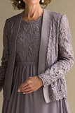 Vintage Mauve A-ligne Scoop dentelle Top en mousseline de soie longueur genou mère de la mariée robe avec veste en dentelle