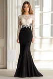 Noir Blanc Sirène Dentelle Top Manches Longues Scoop Satin Longue Mère de la Mariée Robe
