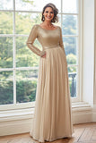 Robe de mère de la mariée plissée en mousseline de soie dorée à manches longues