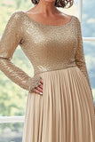 Robe de mère de la mariée plissée en mousseline de soie dorée à manches longues