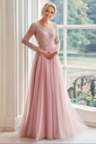 Une ligne Blush Col bateau Manches Longues Tulle Robe Longue Mère De La Mariée