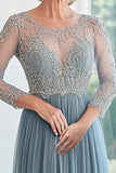 Elégant bleu poussiéreux scoop tulle applique A-ligne longue mère de la mariée